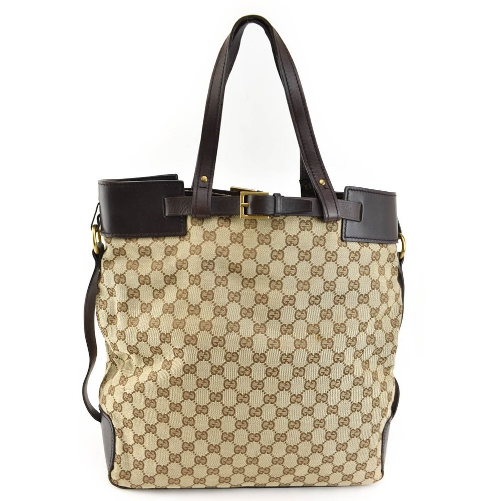 GUCCI: Beige "GG" Logo & Brown Leather Tote Bag we